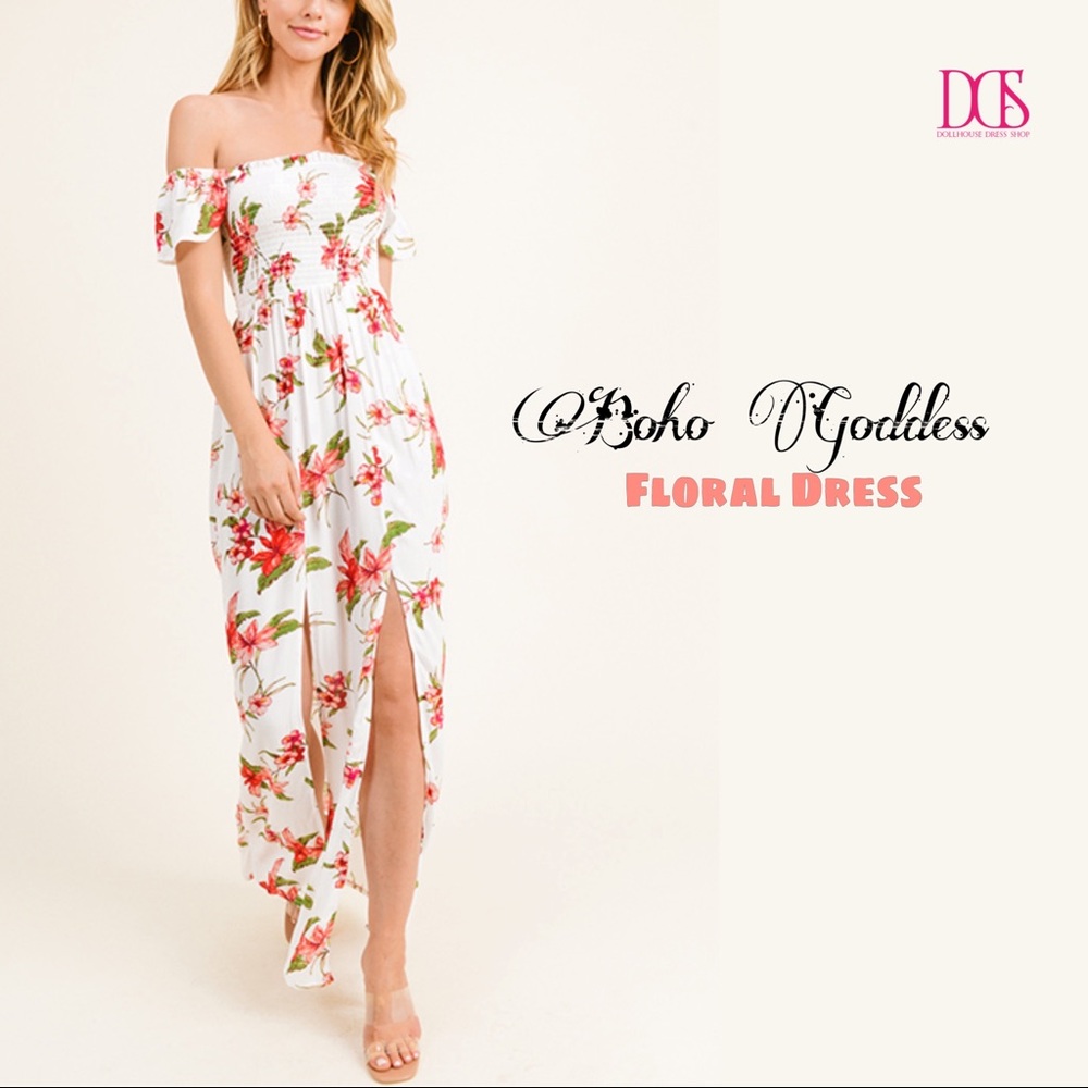 Boho Goddess - Off Shoulder Smocked Maxi w/ Slit